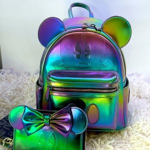 Loungefly Disney Mickey Mouse Oil Slick Mini Backpack & Minnie Mouse Wallet